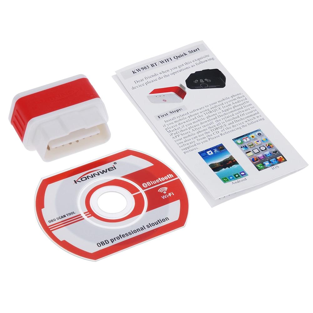 

KW903 Бездротовий сканер OBD2 12V Діагностичний кодовий зчитувач для пристроїв Android ELM327 Інструмент для читання автокодів OBDII білий/червоний