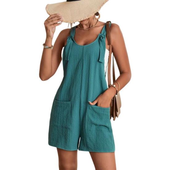 Lady Summer Romper Wide Leg Casual Double Pocket Sleeveless Solid Color Daily Wear U Neck Short Deep Crotch Ladies Overall Women Clothing