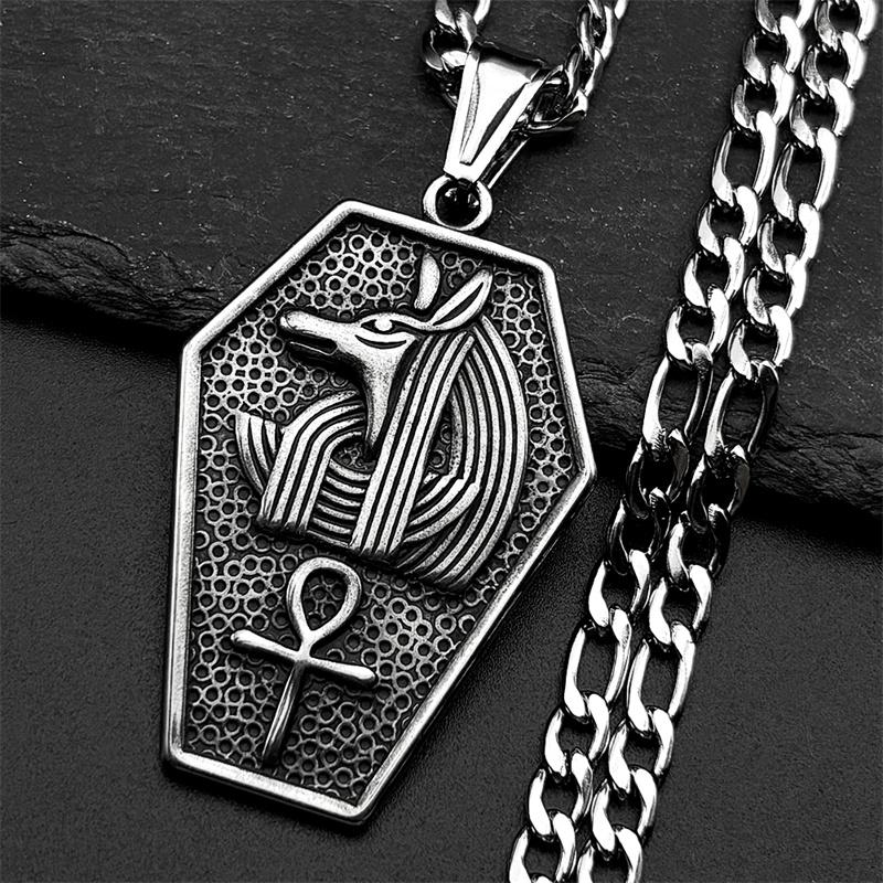 Anubis Egyptian Ankh Cross Symbol Stainless Steel Pendant Necklace for Women Men Gold Color Coffin Shaped Necklace Jewelry