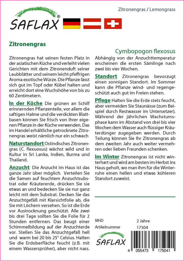 SAFLAX Zitronengras - 50 Samen - Cymbopogon flexosus