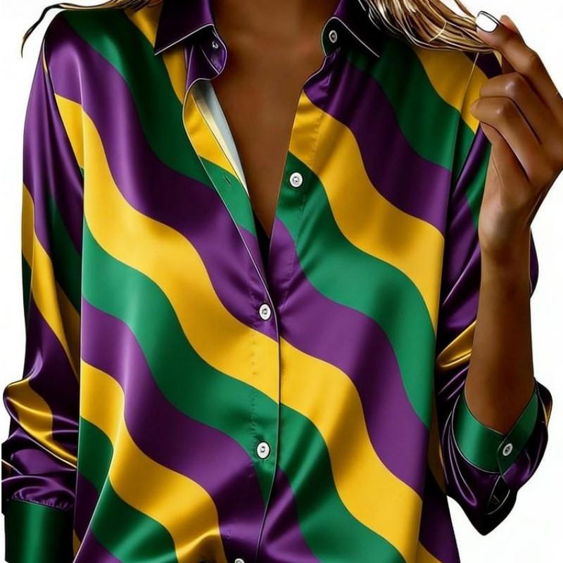 Women Satin Mardi Gras Purple Yellow Green Stripe Bow Print Shirt Long Sleeve Lapel Button Down Blouse Carnival Party Casual Ladies Multi Color Top