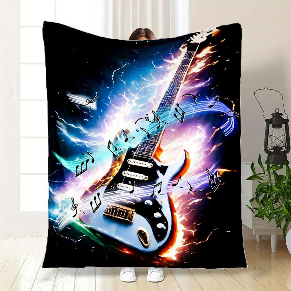 Electric Guitar Music Notes Flame Art Print PosterBlanket Flannel Throw Blanket for Sofa, Bed, Travel, Camping, Office