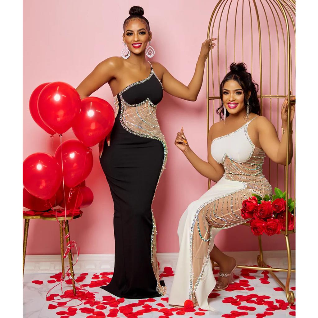 Women Sexy Chic Shiny Rhinestone Long Dress Elegant Back Slim Dresses Fashion Party Club Evening