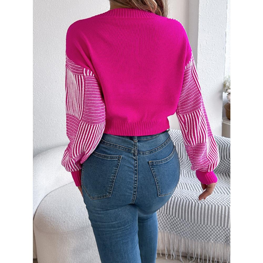 Women's Sweatshirt - Autumn/Winter Casual Striped Bell-Sleeve Pullover Cropped Knitwear