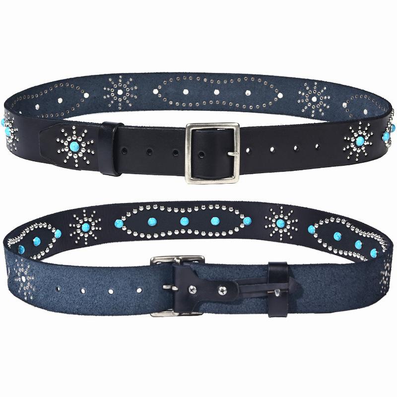 Men's Fashion 4.5cm Wide Genuine Leather Belt First Layer Cowhide Imitation Turquoise Inlay Rivet Punk Belt for Jeans