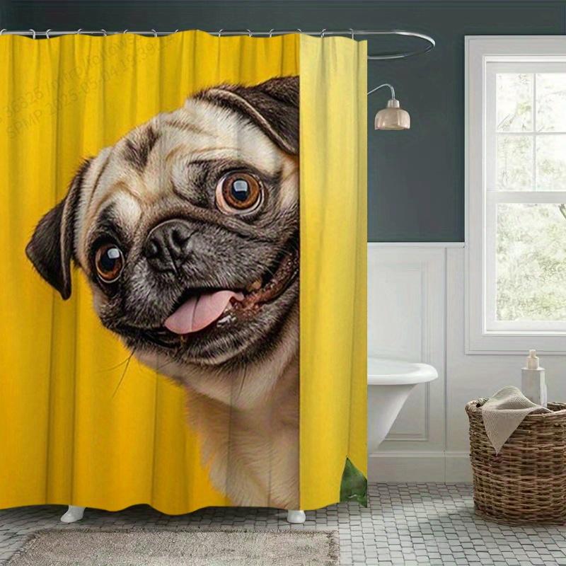 

1Pc Cute Pug Dog Shower Curtain - Durable Polyester Bathroom Decor With Vibrant Yellow Background & Playful Animal Print W60H190(CM)-1 Pcs