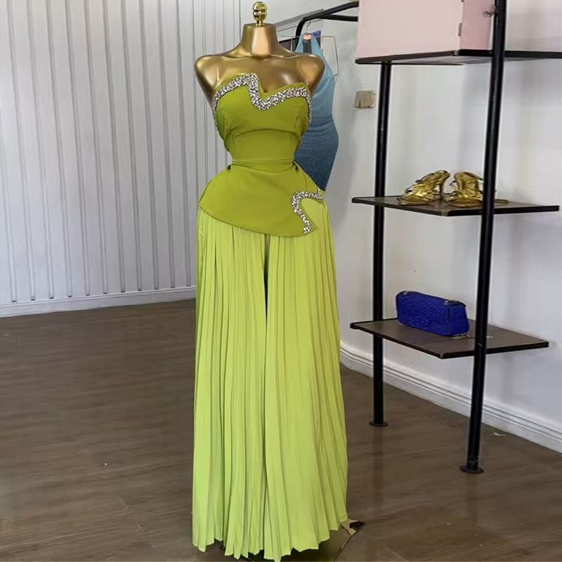 

Western Style New Tube Top Diamond Irregular Top Pleated Wide Leg Pants Set Top and Pants Set Green S