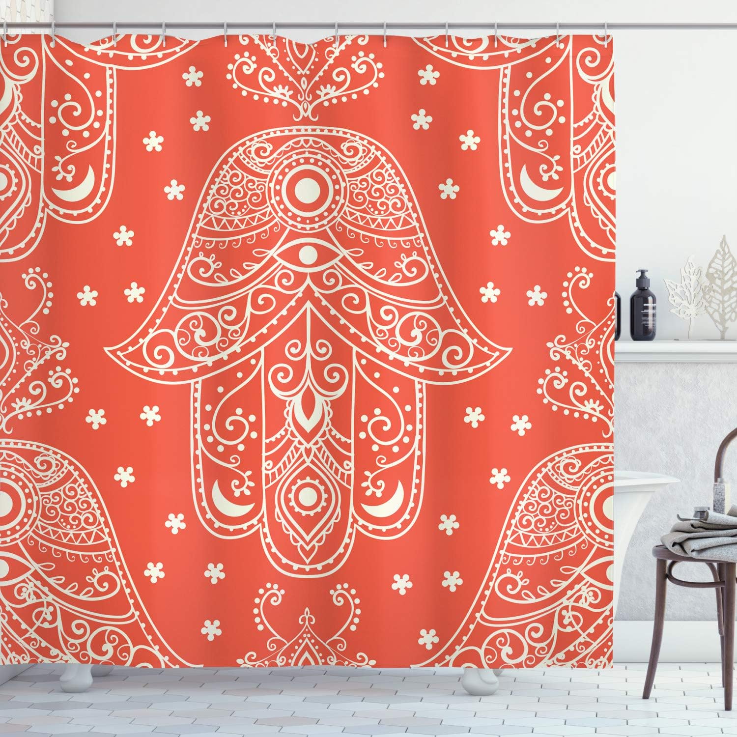 

Red Hamsa Hand Shower Curtain Boho Mandala Pattern Spiritual Bathroom Decor Linen180X210 W60H190(CM)-1 Pcs