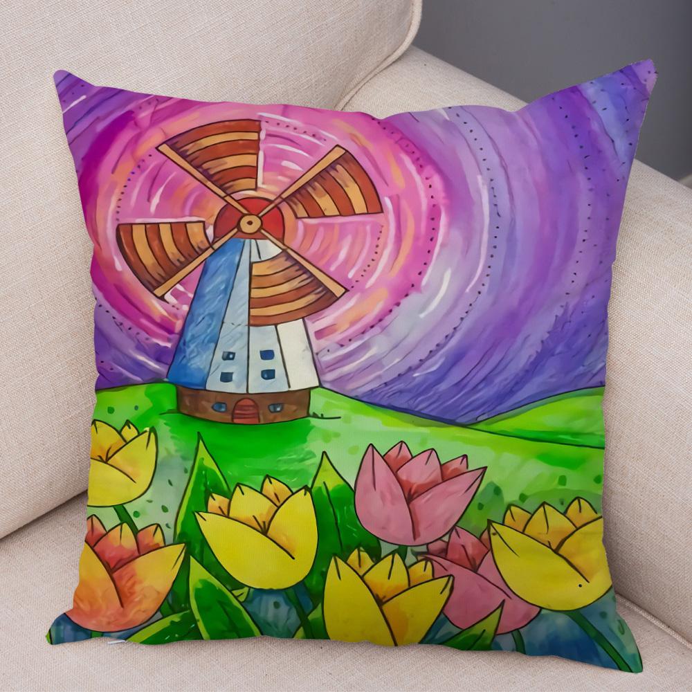 Children Oil Painting Art Cushion Cover Both Sides Plush Pillow Case Decor Cartoon Plant Throw Pillowcase for Sofa Home Car