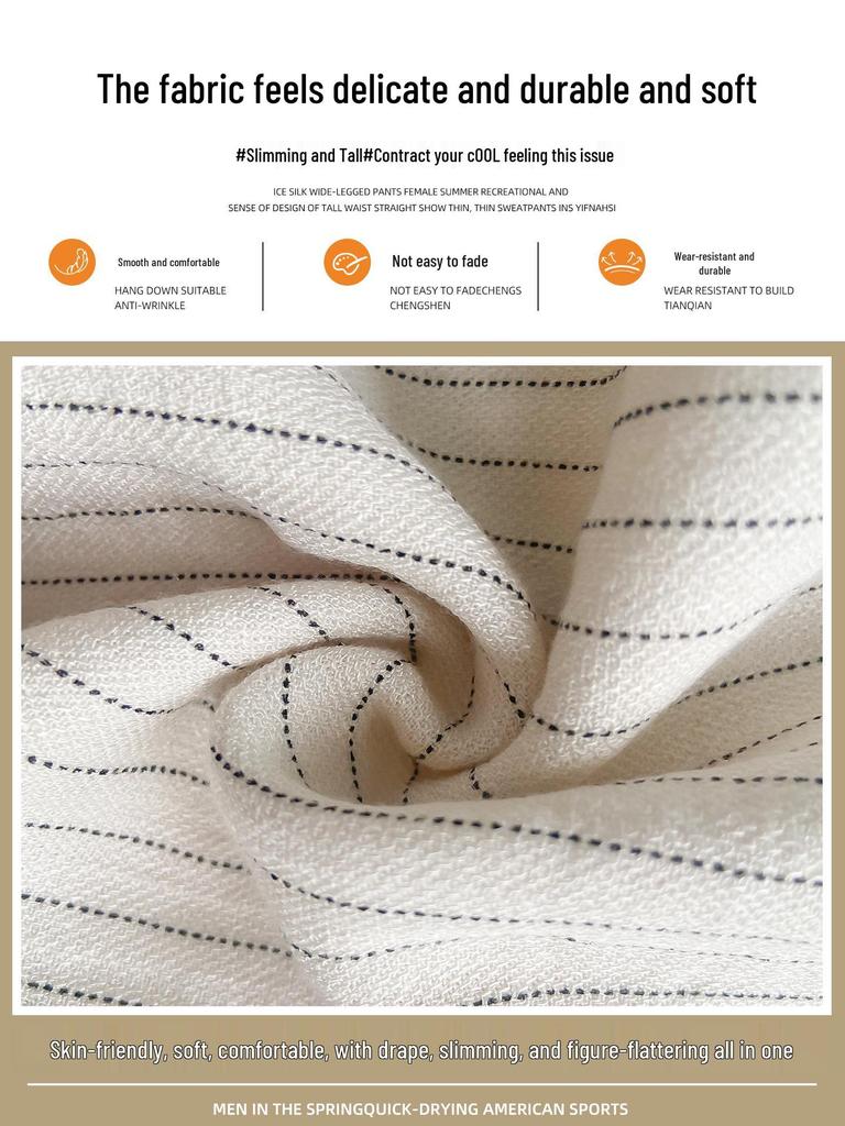 Apricot Striped Linen Wide-Leg High-Waisted Pants for Women - Slimming, Loose, and Casual for Spring 2026.