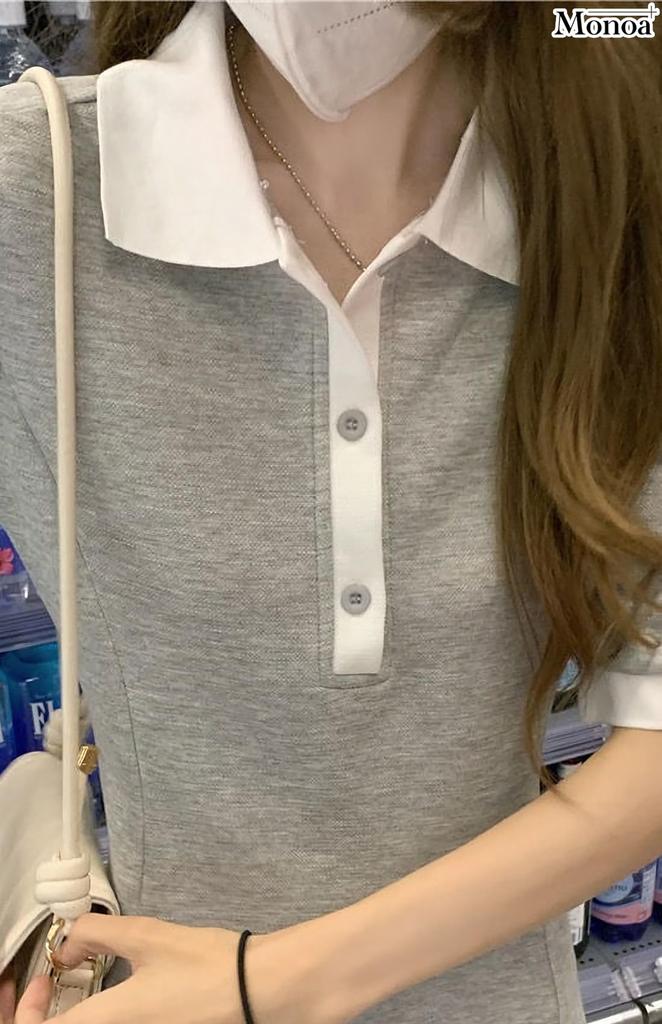 Monoa Kurzarm Puffärmel Knopfkragen Mini Leicht und Größe 2XL Damen Knielanges Zweifarbiges Kleid, Schlicht, Grau, (n1627)