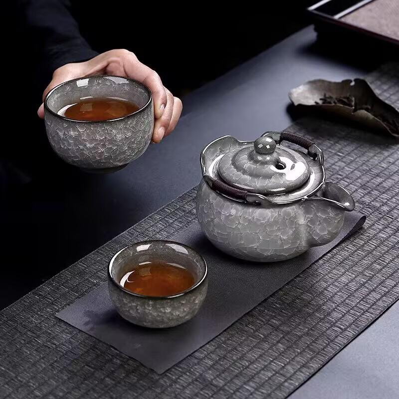Black Ice Hand Grab Pot Kuaike Cup One Pot Two Cups Ice Cracked Ceramic Travel Tea Set Outdoor Portable Tea Pot