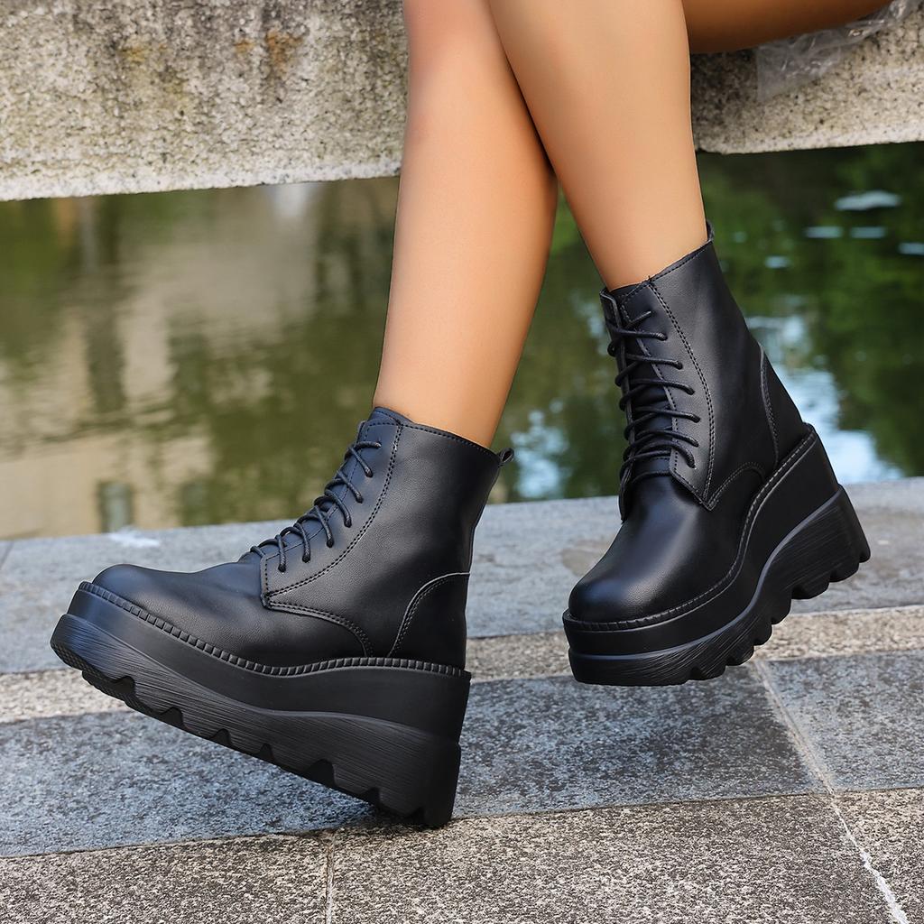 Fashion New Women Pu Leather Ankle Booties Woman Autumn Winter Round Toe Lace-up Shoes Woman Motorcycle Platform Gothic Boots Cosplay 98
