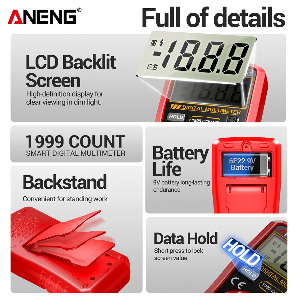 Digital Multimeter ANENG SZ852 Professional 1999 Counts 600V AC DC Voltage Current Resistance Tester HFE Transistor Diode Test with Digital Display