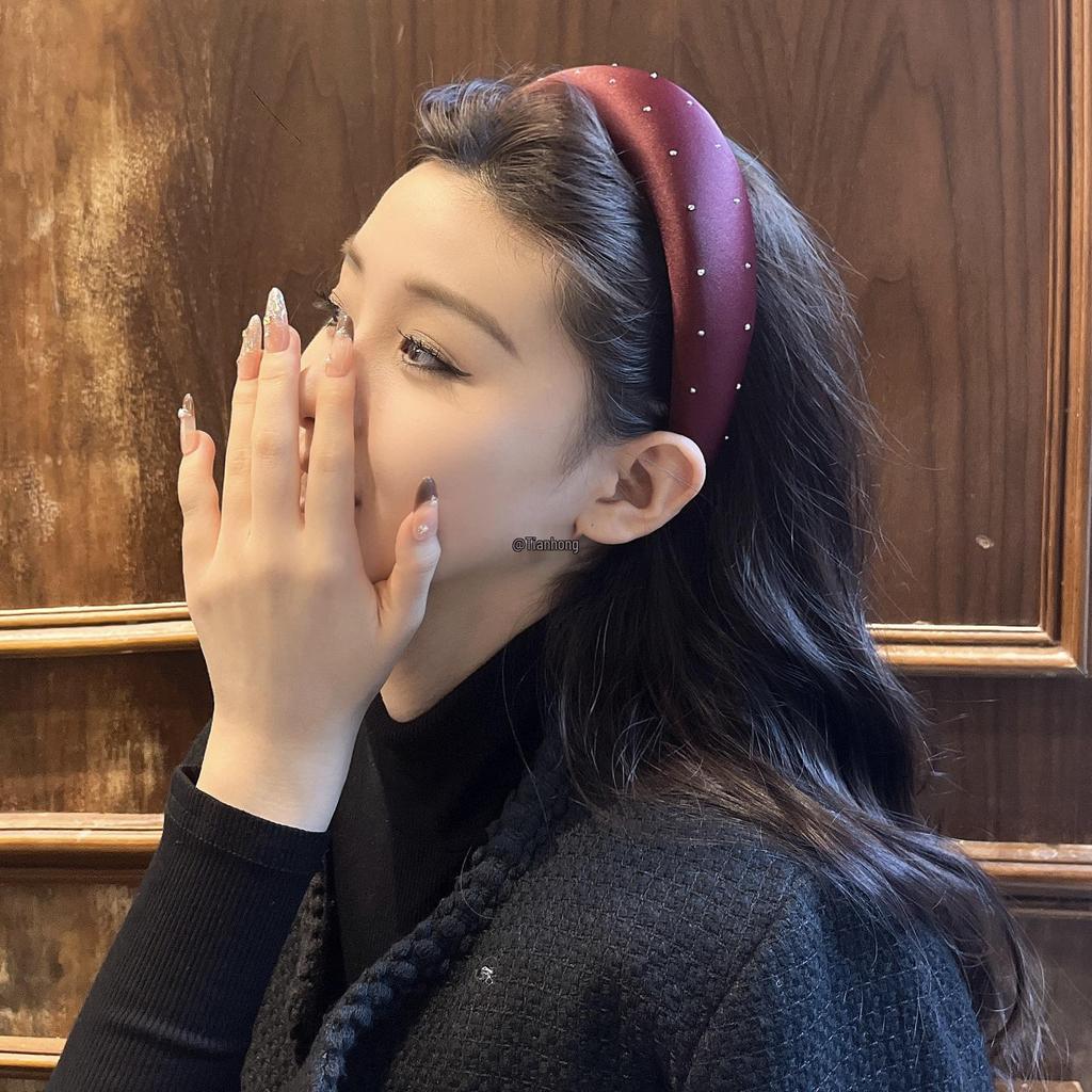 Korean Rhinestone Satin Headband: Elegant Solid Color Hair Accessory for Women