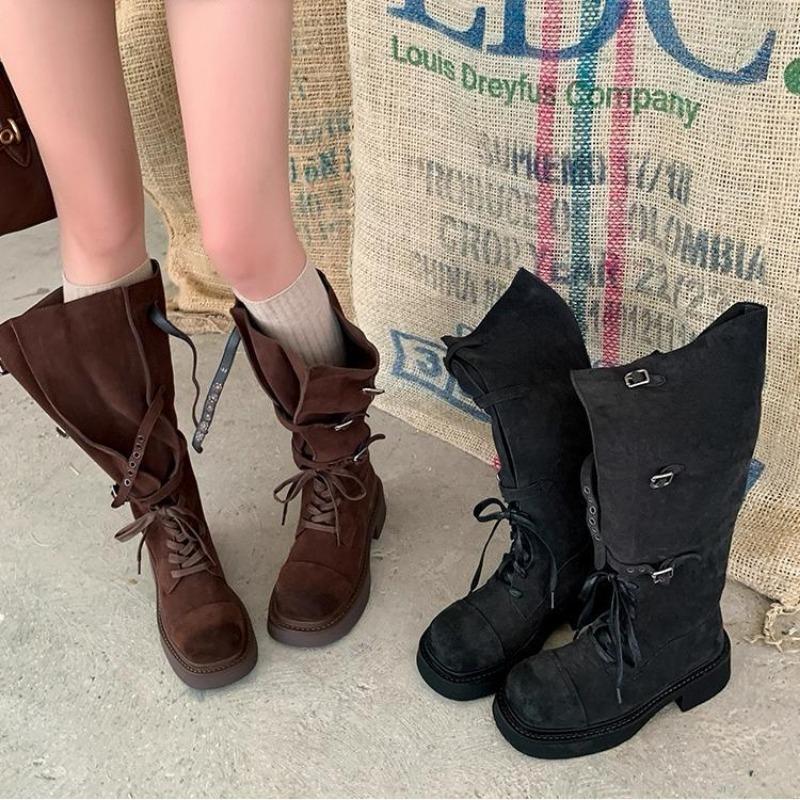 ~ Retro Style All Soft Cowhide Lace-up High Boots Medium Heel Boots Women's Loose Leather Buckle Women's Boots Tide