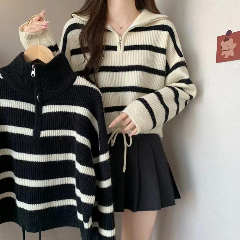 Half-zipper High-neck Striped Sweater Female Fall and Winter Thickened Loose Lazy Head Short Section Knit Sweater Comfortable and Versatile Fashion