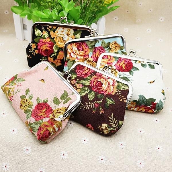 Women Girl Retro Rose Flowers Printed Hasp Canvas Coin Purse Wallets Buckle Pouch Bag Gift 1 Pc