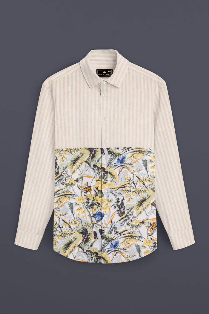 Роскошная дизайнерская льняная рубашка в испанскую коричневую полоску с тропическим принтом 38