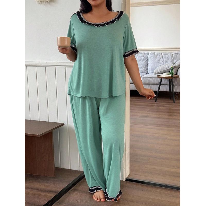 Women's Plus Size Lace Trim Pajama Set - Spring/Summer Loose Fit