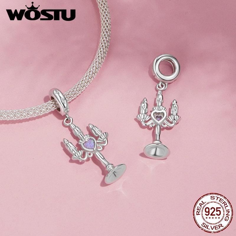 WOSTU 925 Sterling Silver Romantic Candlestick Pendant Heart Safty Chain Wine Cup Charm Cake Bead Fit Original Bracelet Necklace