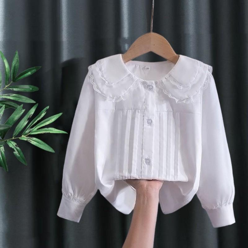 Girls Ruffled Collar Long Sleeve White Blouse Kids Elegant Lapel Button Down Shirt