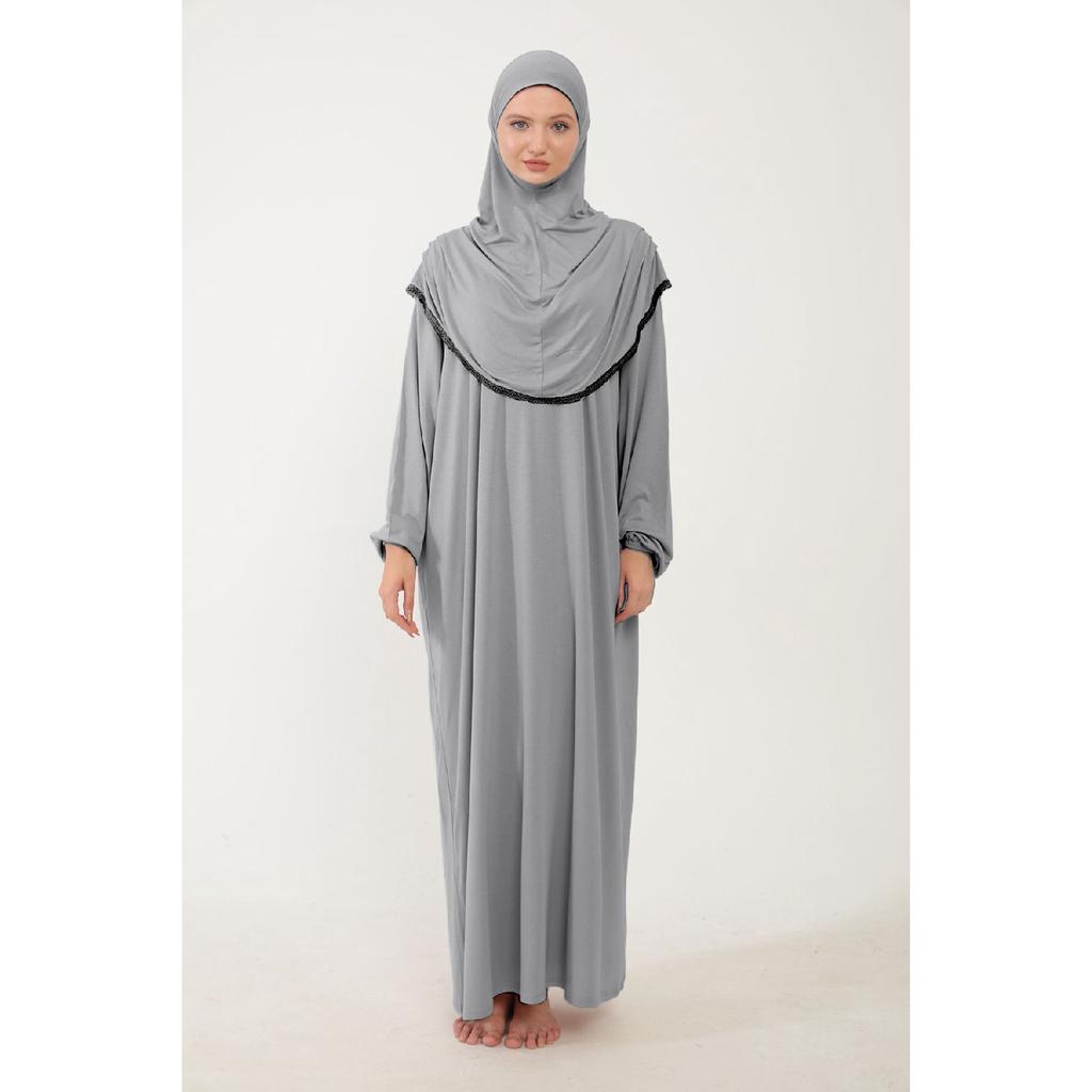 Damen Hijab-Gebetskleid aus Baumwolle mit Kopftuch, Spitze, einteilig, gekämmter Baumwollstoff, Schwarz