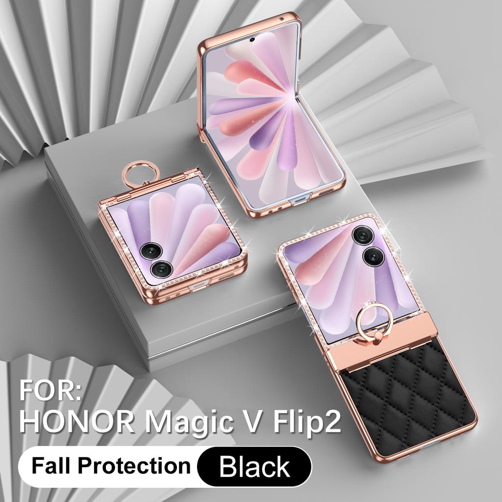 Luxury Fashion Diamonds Leather Plating Ring Holder Phone Case For Honor Magic V Flip 2 Hinge Full Protection V Flip2 Cover