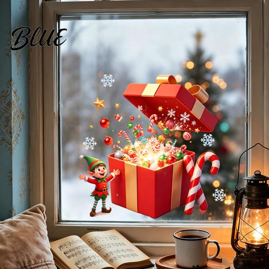 Waterproof Window Film Christmas Elf Gift Box Static Clings Reusable Stickers Holiday Ideas Candy Cane Snowflake Glass Stickers for Home Shop Decor