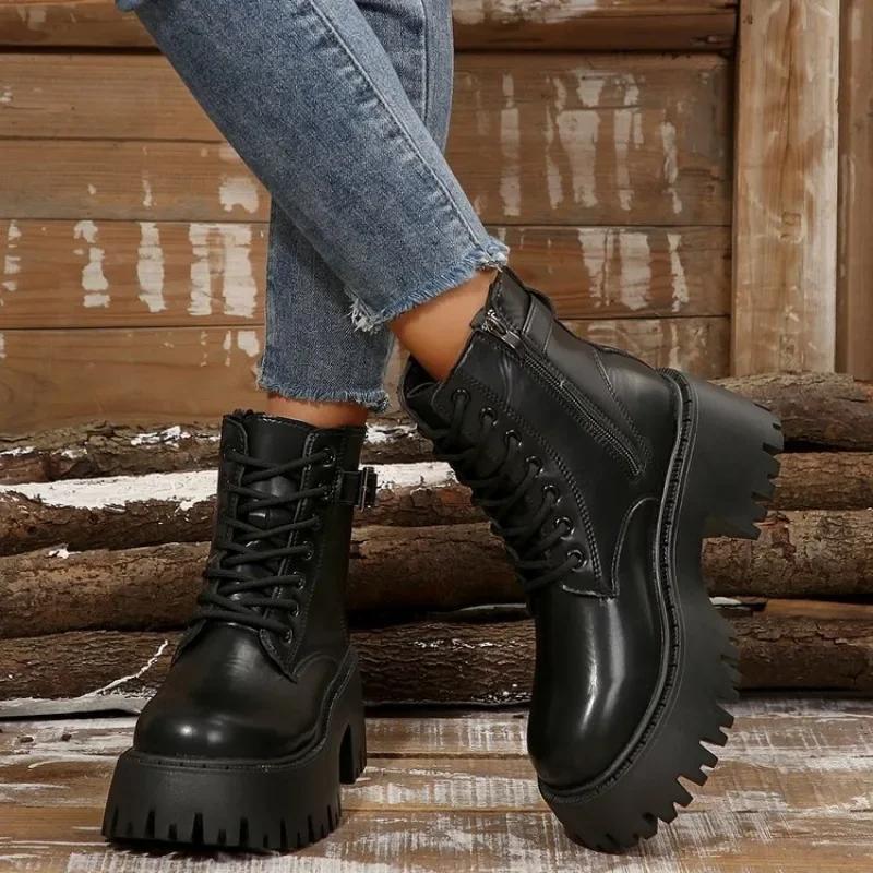 Chunky High Heels Women Ankle Boots Fashion Platform Leather Female Shoes Winter New Black Casual Goth Short Botas Mujer