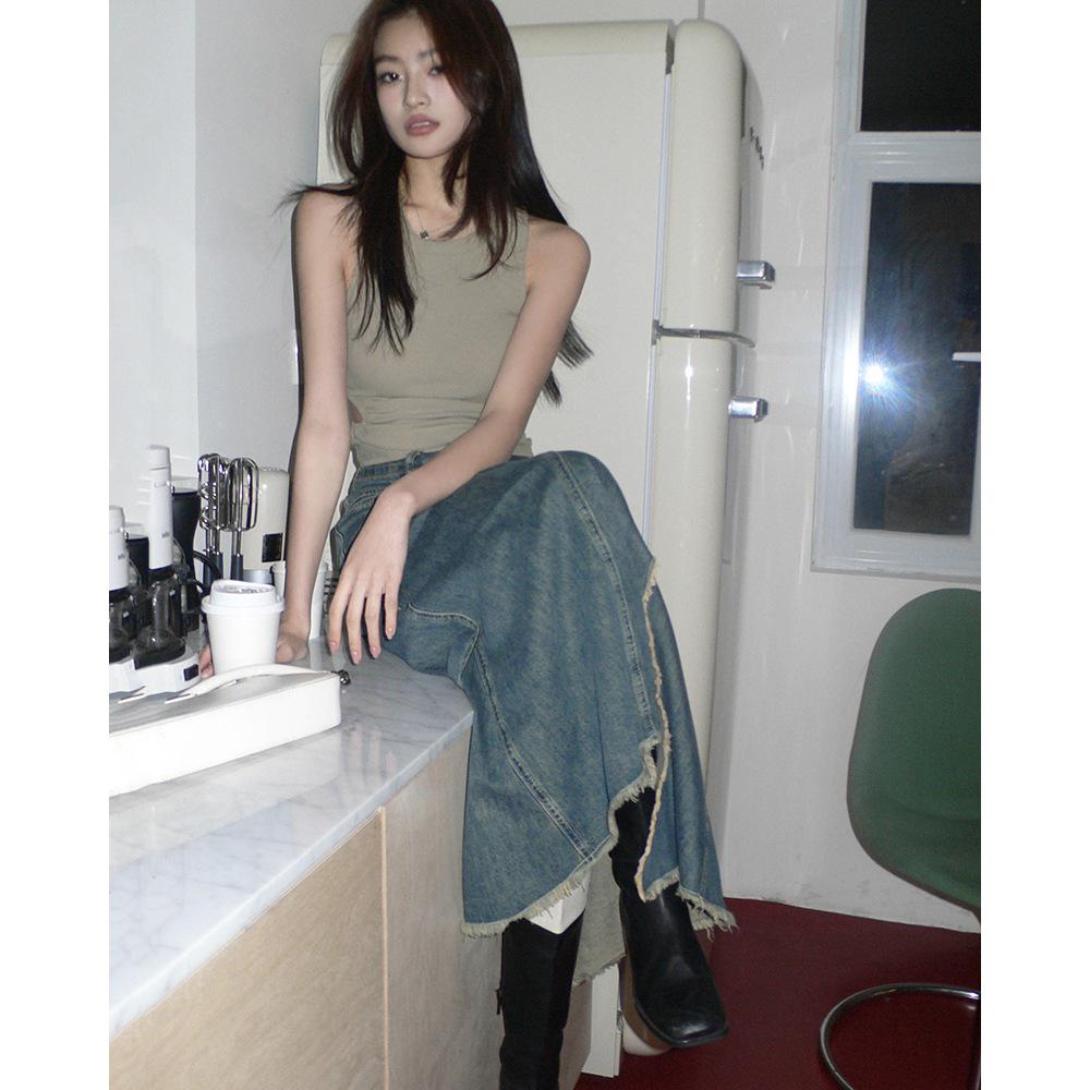 2026 Spring/Summer Women's Frayed Hem Irregular Slit Denim Long Skirt