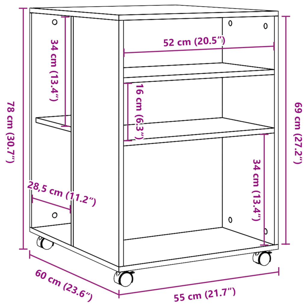 Side Table with Casters White 55x60x78 cm Engineered Wood