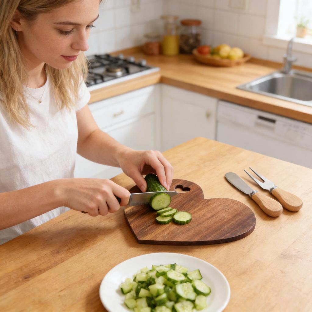 1 Set Heart Cheese Board: Wood Cheese Board - Charcuterie Tray For Dessert Serving With Cutter Fork