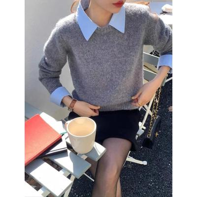 Winter Solide Strick Pullover Pullover Frauen Retro Gefälschte Zwei Stücke Top Pullover Weiblichen Koreanischen Mode Vintage Pullover 2024 Neue
