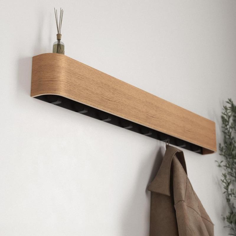 Wall Mounted Coat Rack, Modern Design Coat Rack with Hidden Wall Hooks - Solid Wood Veneer Panel Coat Hanger Walnut,1pc
