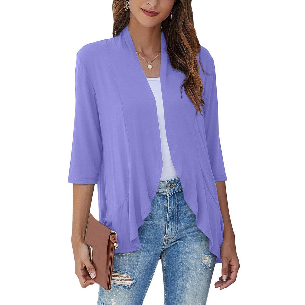 Women's Fashion Casual Seven Minute Sleeve Color Ruffle Cardigan Top
