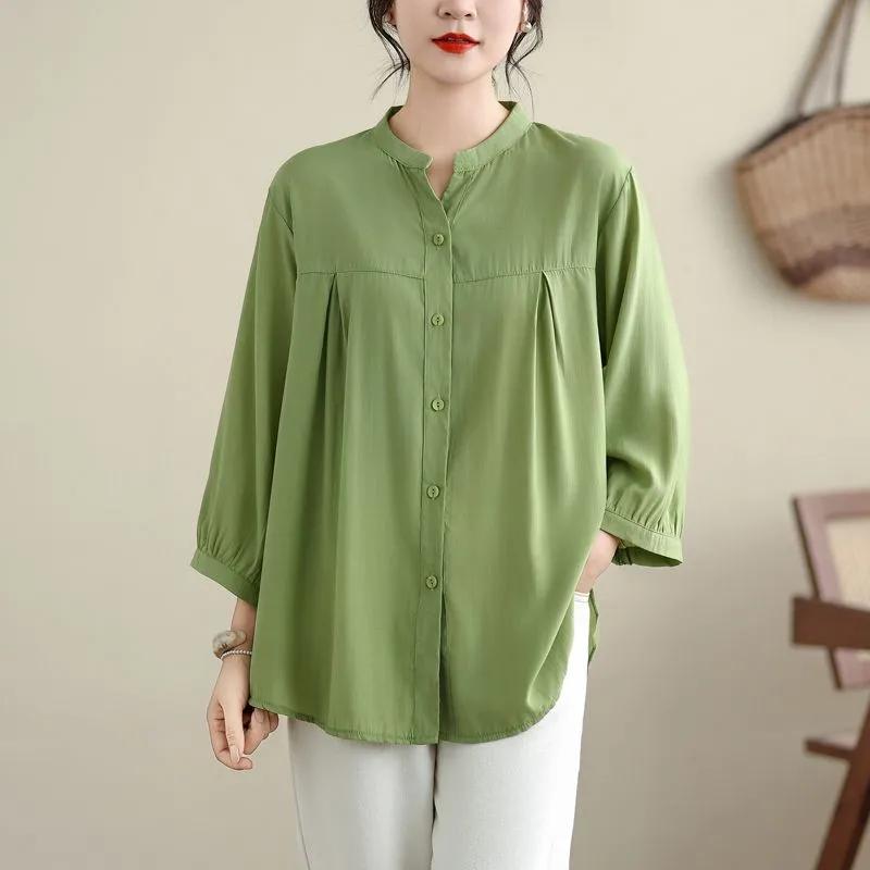 Women's Solid Color Mandarin Collar Blouse Three-Quarter Sleeve Casual Loose Fit Button-Down Top