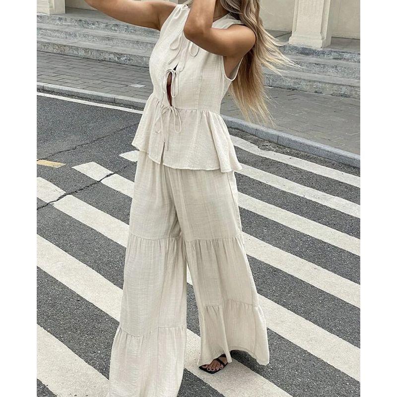 Spring and Summer New Women's Clothing Minimalist Wind round Neck Sleeveless Short Shoelace Tops Loose Vertical Horn Pants