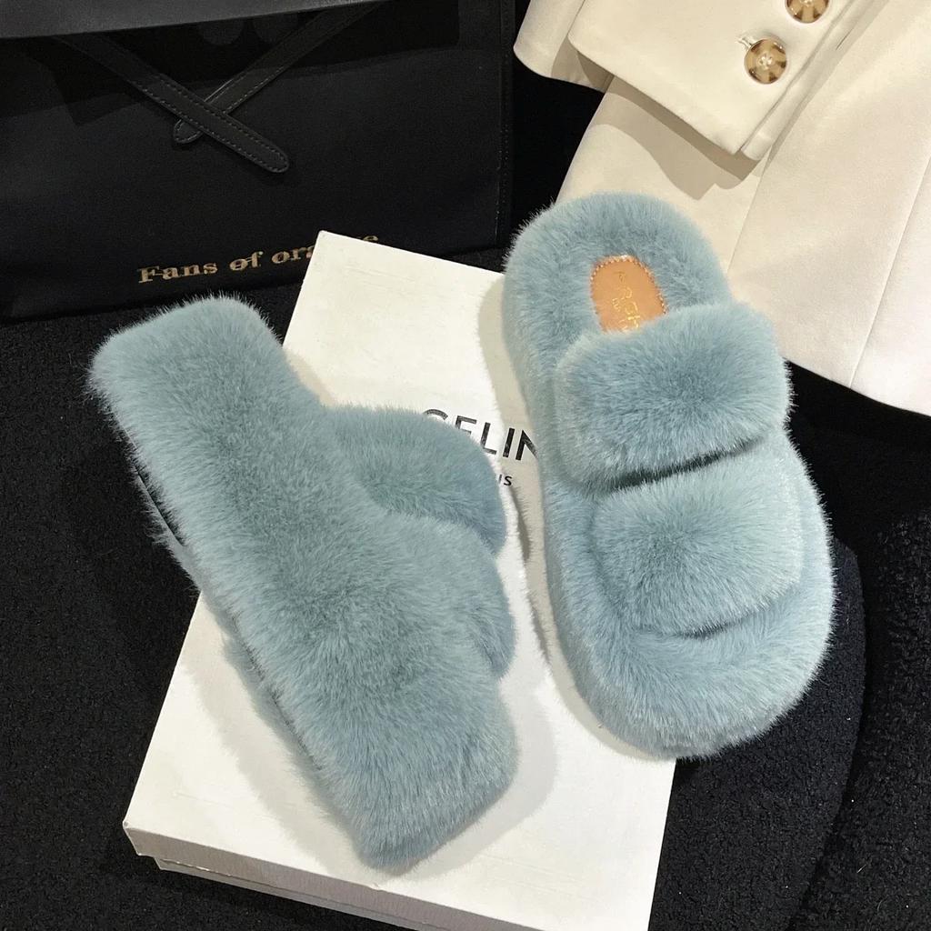 Women Winter Fluffy Fur Slippers Winter Warm Cotton Slipper Comfort House Slides 7cm Height Increase Platform Slippers for Women