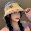 Sweet Flower Knitted Bucket Hat Women's Autumn and Winter Washbasin Hat Big Head Circumference Wool Hat Tide