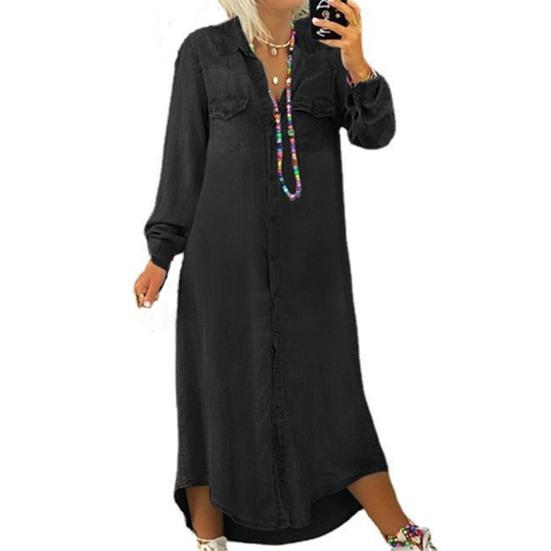 Turn-Down Collar Long Sleeves Women Dress Two Pockets Solid Color Single Breasted Denim Maxi Dress Ladies Clothing