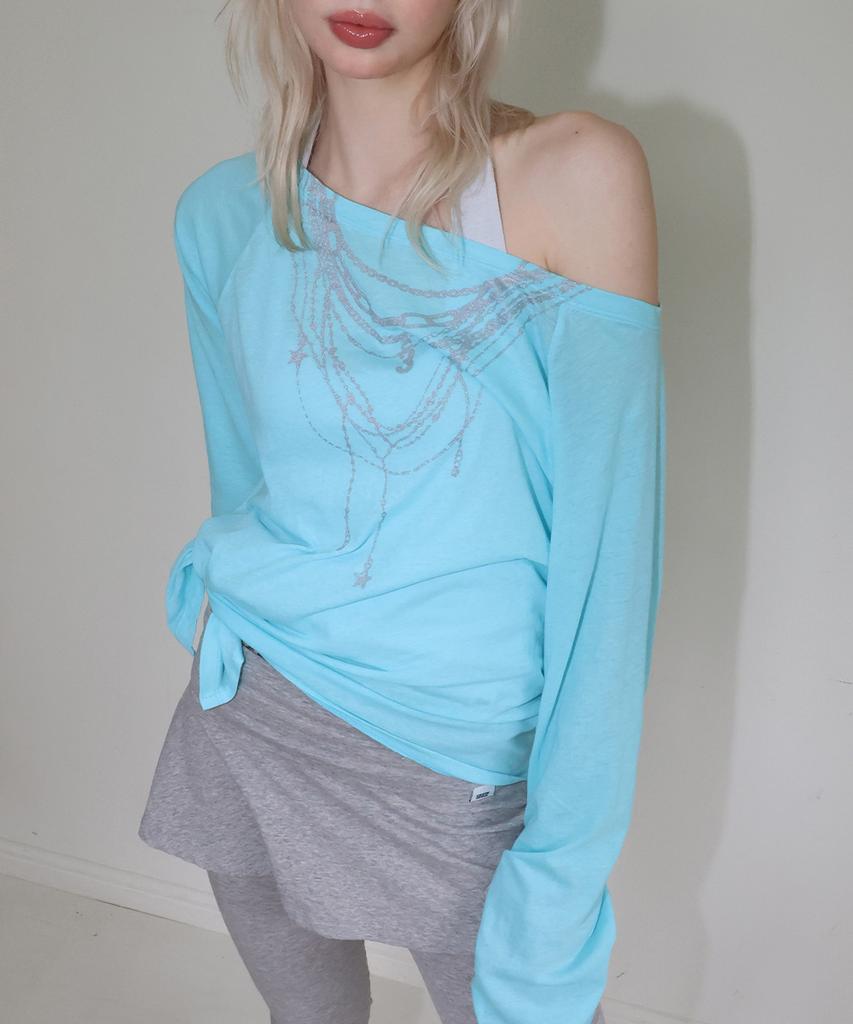 CRANK Sheer Necklace Off-Shoulder Top_Aqua Blue