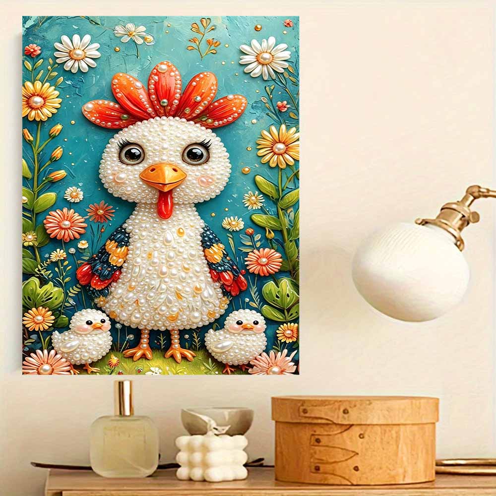 Elegant Framed Pearl Art DIY Set with Cute Chicken Floral Design 5D Sparkling Bead Canvas Painting Ready To Display Romantic Home Decor Gift
