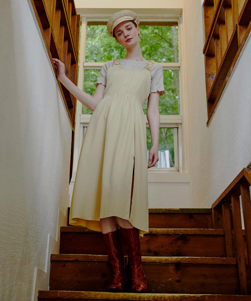 ETMON Back Point Ring Strap Dress Vanilla Yellow
