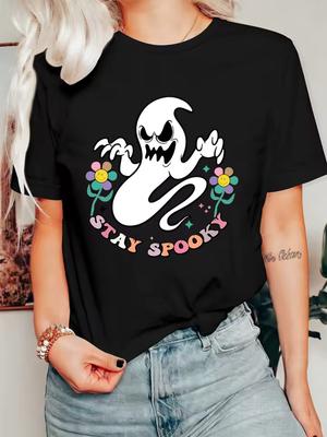 Retro Ghost Womens T Shirt Stay Spooky Slogan Smiley Floral Cartoon Graphic Short Sleeve O Neck Halloween Ladies Wear Tops