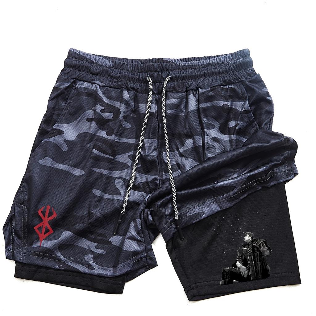 Pantalones cortos de gimnasio para hombre, ropa deportiva 2 en 1 de Anime para correr, trotar, entrenamiento, Yoga, baloncesto