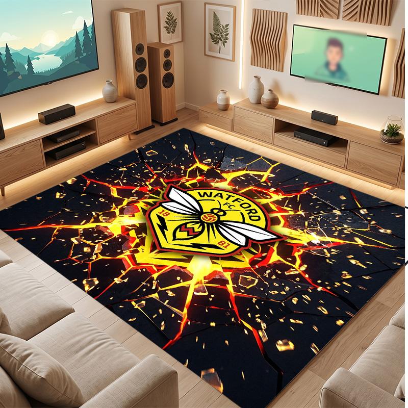 Watford Football Print Crystal Velvet Rug, Comfortable Water Absorbent Non Slip Indoor Floor Carpet