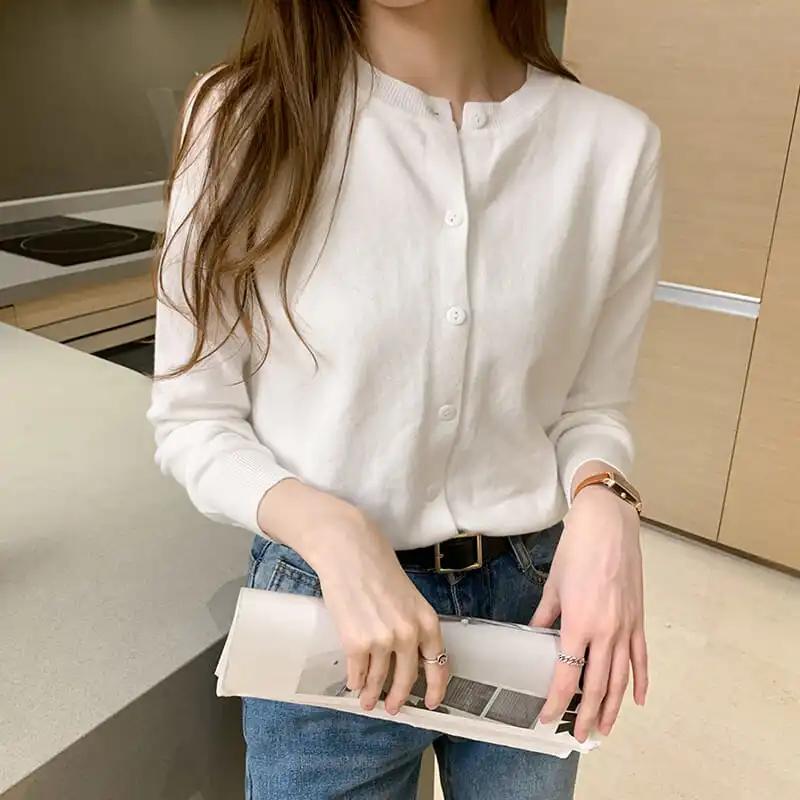 Women Spring Autumn Round Neck Casual Cardigans Knitted Cardigan Jacket Solid Color Slim Jumpers Female