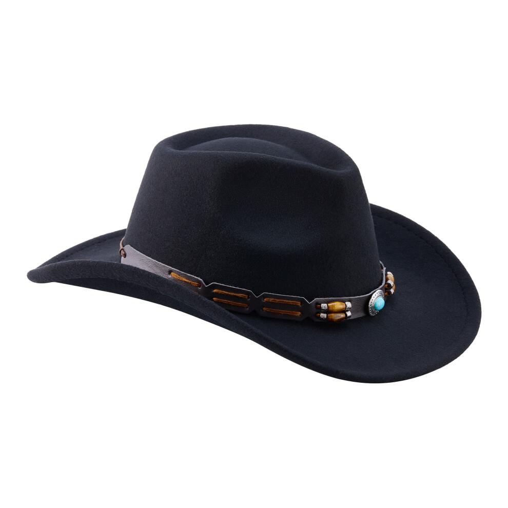 (One Size, Black) Western Cowboy Hat for Women Men Bohemian Cowgirl Hat with Beads Trim Outdoor Sun Hat