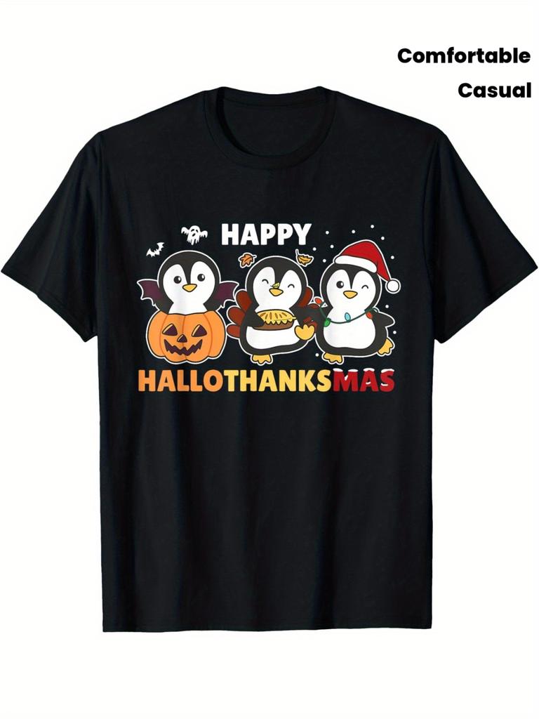 Penguin Christmas Halloween Costume Happy Hallothanksmas T-Shirt Summer Comfortable Casual Short Sleeve T-Shirt